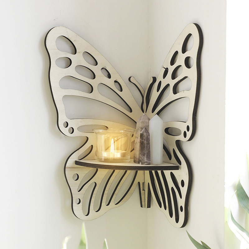 Prateleira de canto de borboleta de madeira Prateleira criativa Decorações de parede Porta-velas para decoração de casa